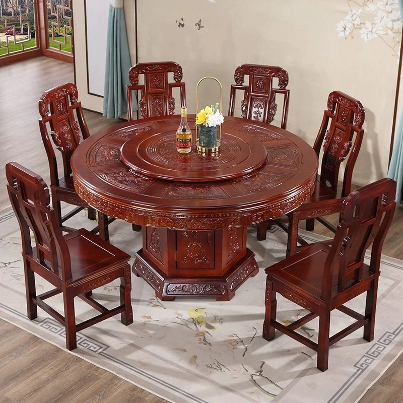 实木餐桌椅餐桌组合大圆桌家用酒店转盘中式仿古雕花饭桌带电磁炉