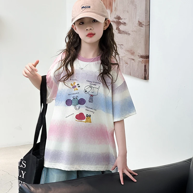 女童套装卡通涂鸦渐变运动条纹短袖牛仔裤两件套2025夏季休闲百搭