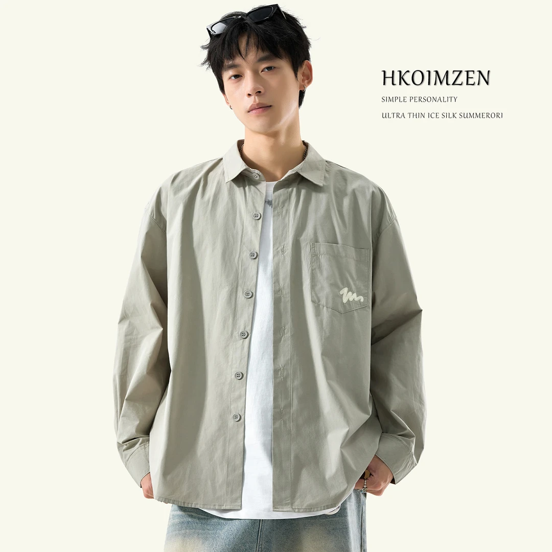 男士衬衫春秋新款复古高级感刺绣外套2025爆款宽松翻领工装衬衣