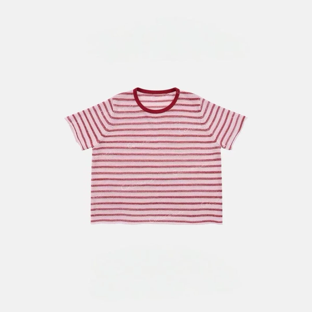 珍珠麻拼色条纹圆领短袖清新减龄女宽松休闲百搭清新减龄卷边T恤