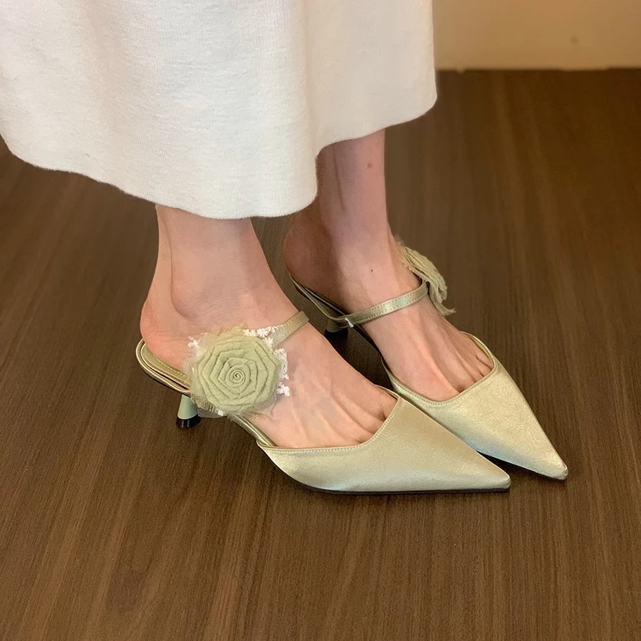 高跟新中式花朵复古包头半拖鞋女鞋子2025新款春夏季外穿半托单鞋