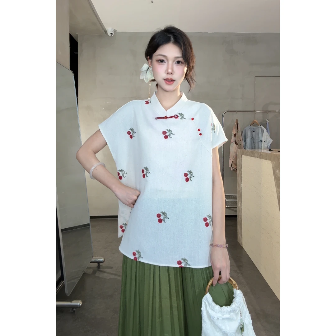 旻旻家夏季新款新中式刺绣国风温柔得体娴雅短袖上衣女（20902）