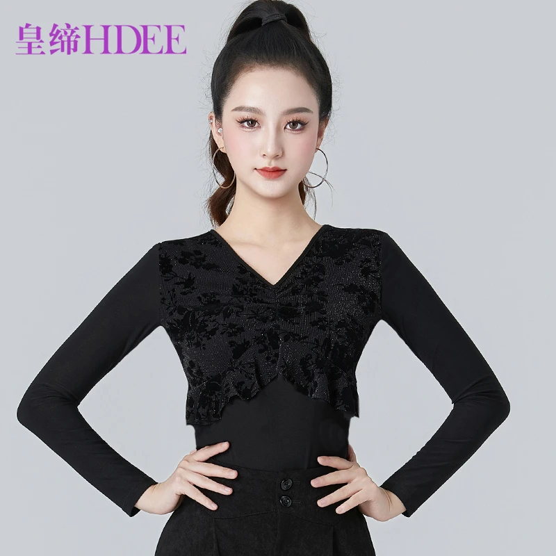 皇缔 国标女拉丁舞长袖练功服V领摩登舞上衣荷叶边柔美风交谊舞服