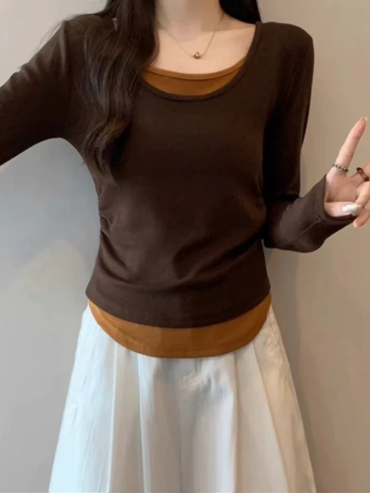 【鑫鑫】202秋季新款撞色假两件圆领长袖设计感百搭不挑人上衣女