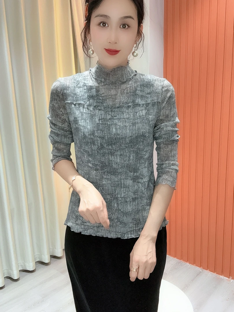 秋季蕾丝衫中领时尚百搭显瘦修身长袖打底衫女气质上衣女鑫坷721