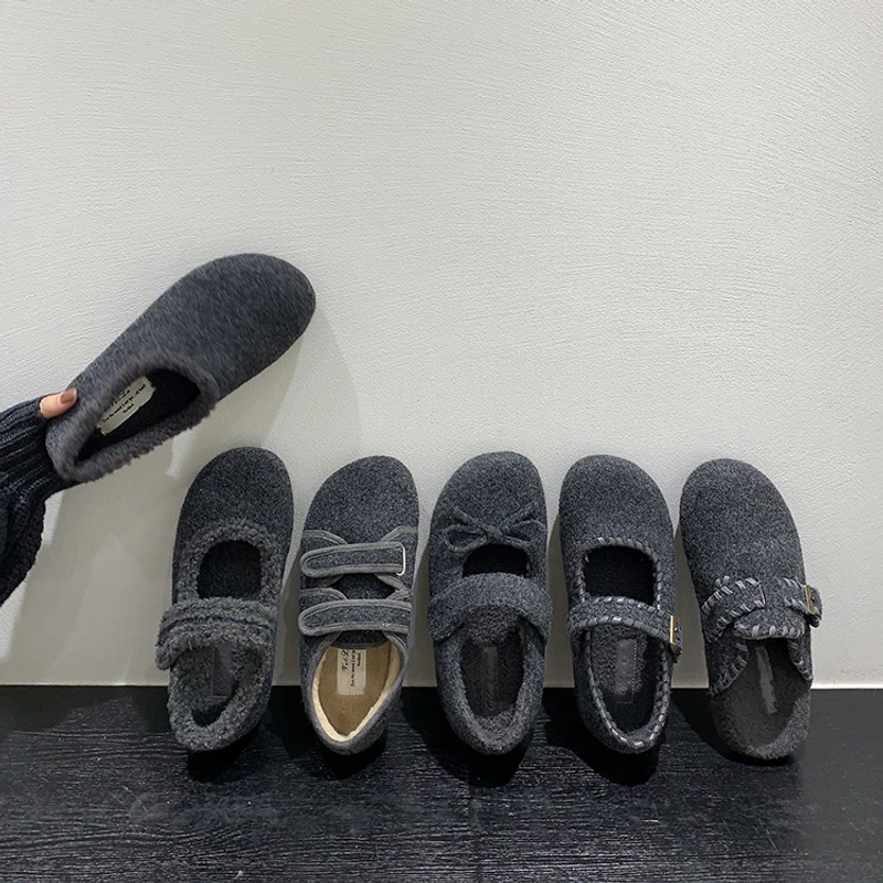 毛呢鞋高级感灰色加绒单鞋保暖棉鞋女鞋法式秋冬季玛丽珍毛毛鞋