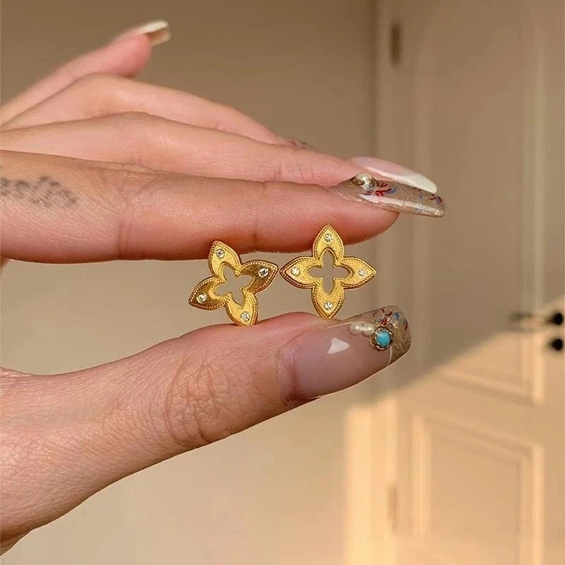 黄铜亚克力耳饰 同款中古vintage拉丝镂空镶钻耳钉女轻奢复古宫