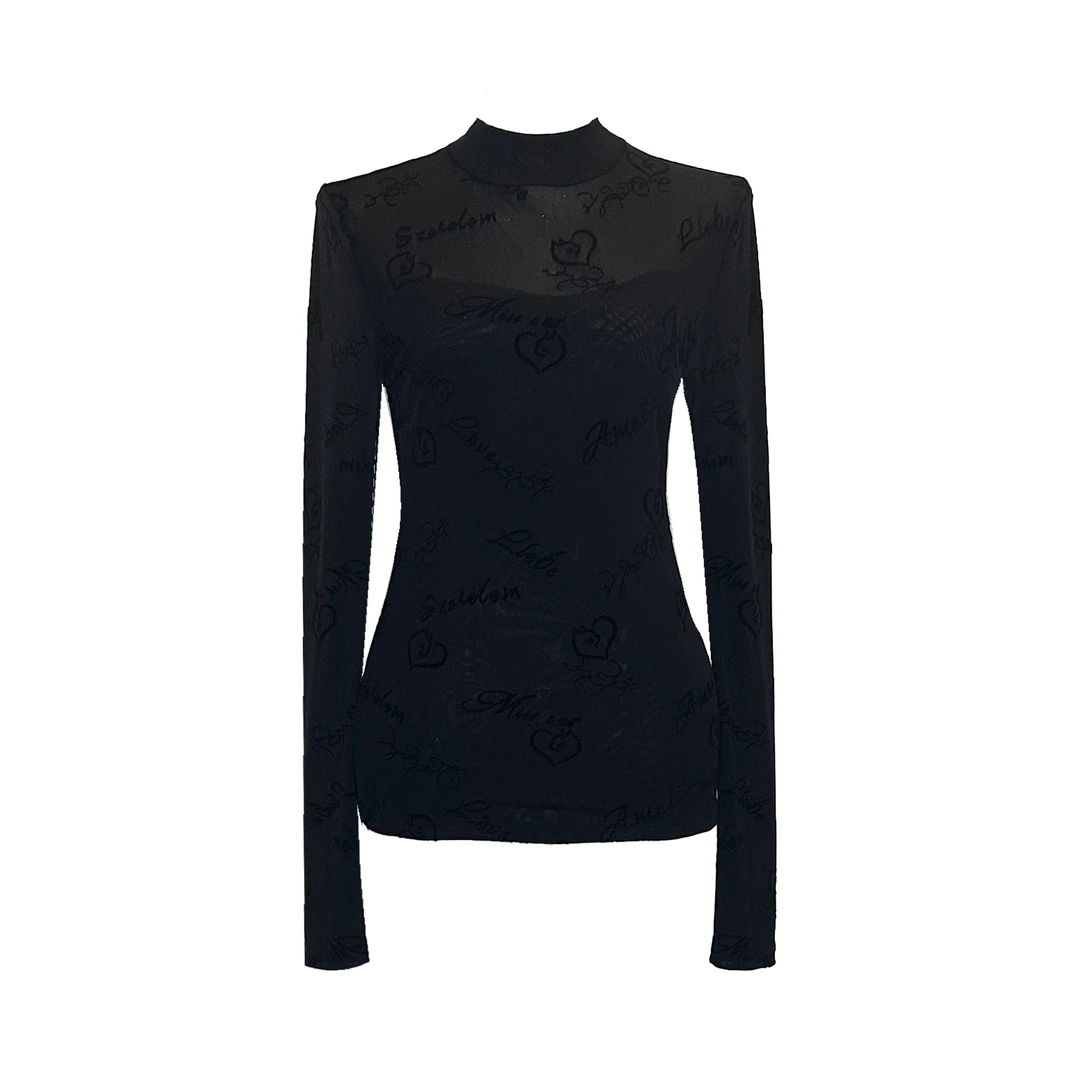 设计师时尚气质秋季薄款黑色半高领性感长袖上衣    X2197