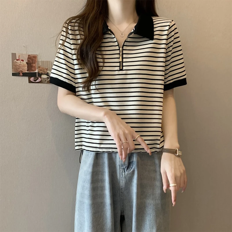 微胖大码遮肚子正肩POLO领短袖t恤女夏季复古条纹抽绳拉链上衣潮
