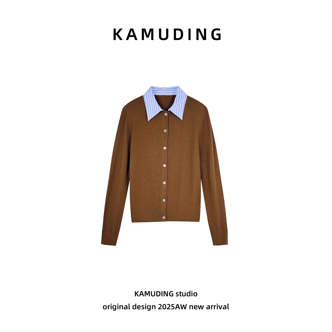 KAMUDING2025新款A29翻领简约假两件撞色长袖针织衫25276