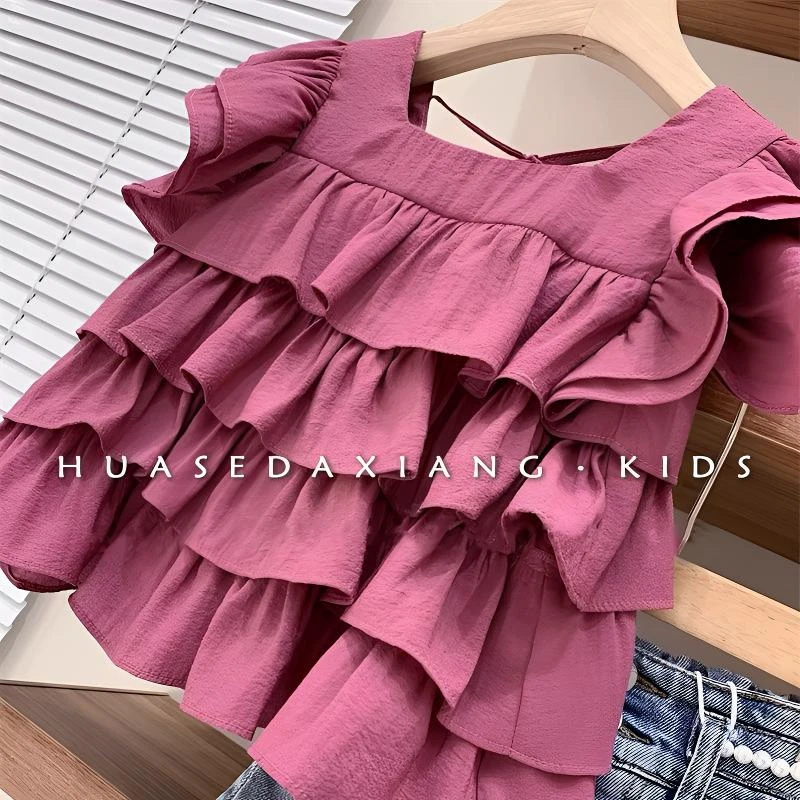 辰baby女童夏季套装2025夏季新款洋气方领多层荷叶边短袖牛仔短裤