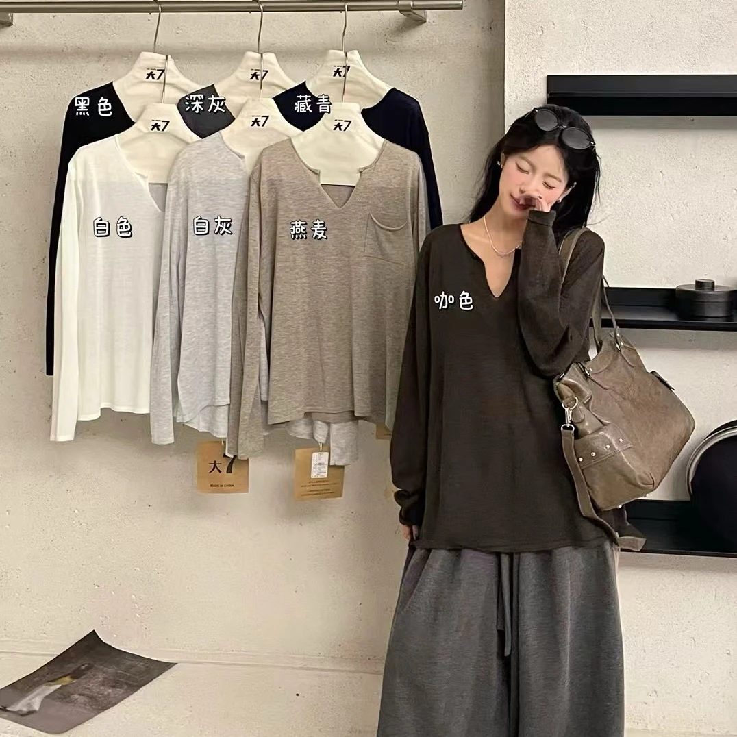 【肉思RS】大7大码女装秋新款韩版慵懒松弛风简约长袖V领打底针织衫