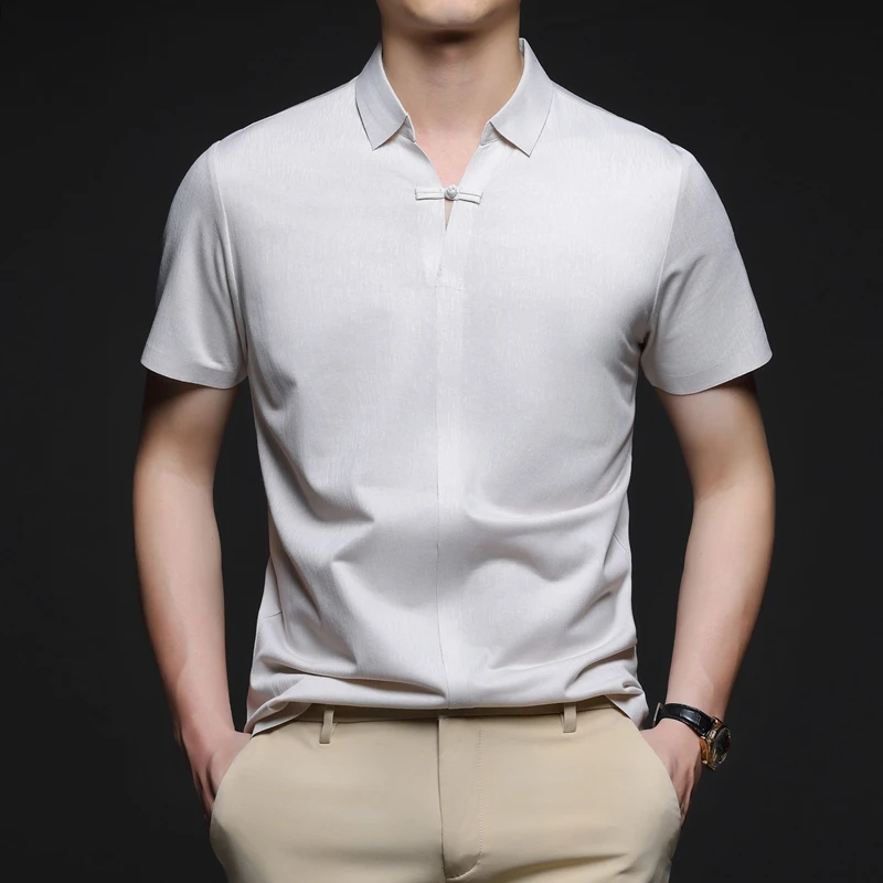 短袖t恤男士夏季高端薄款衬衫领商务休闲冰丝凉感无痕polo衫男装