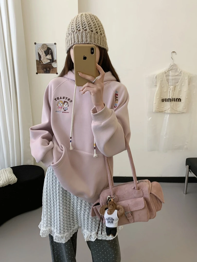 3727（冬款）眼泪人套头刺绣连帽卫衣宽松韩版休闲女装