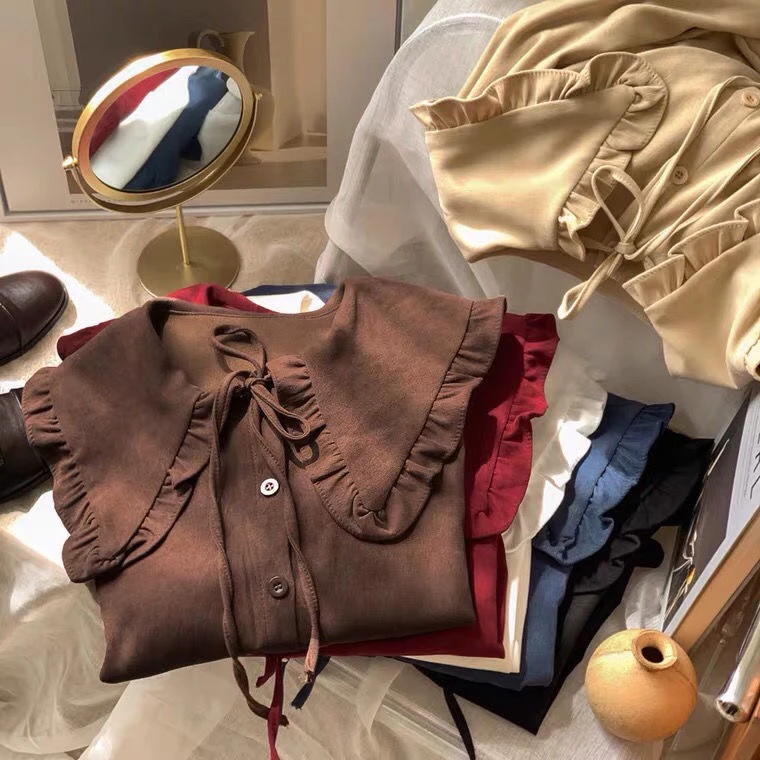 荷叶边娃娃领灯芯绒长袖衬衫女秋设计感小众韩系别致洋气上衣胖mm