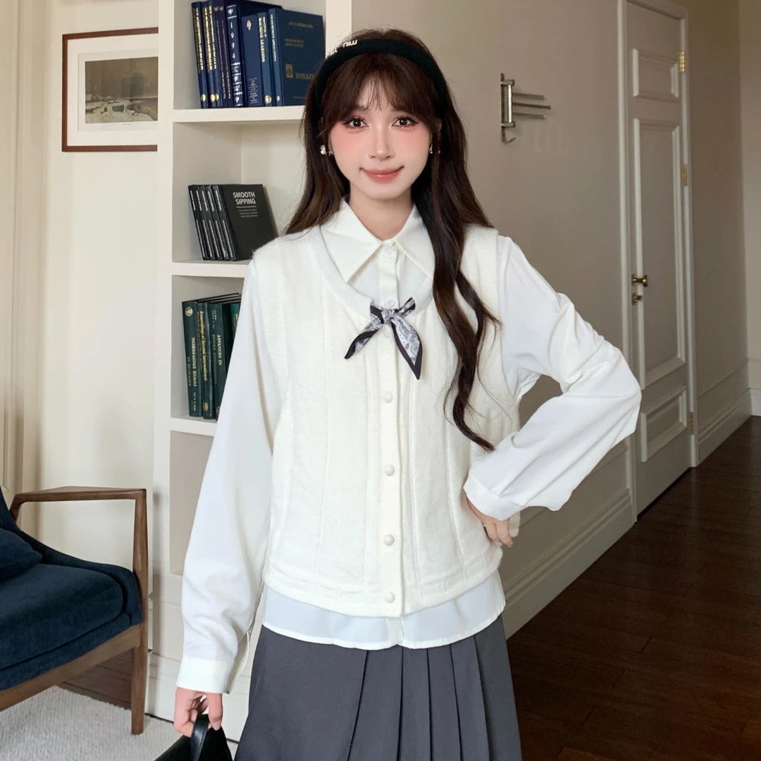 慕兔法式学院风简约针织马甲搭配打底衬衫两件套女2025夏季新款