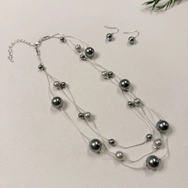 铜合金仿珍珠项链 复古优雅三层叠戴项链套装bh060链长40-58