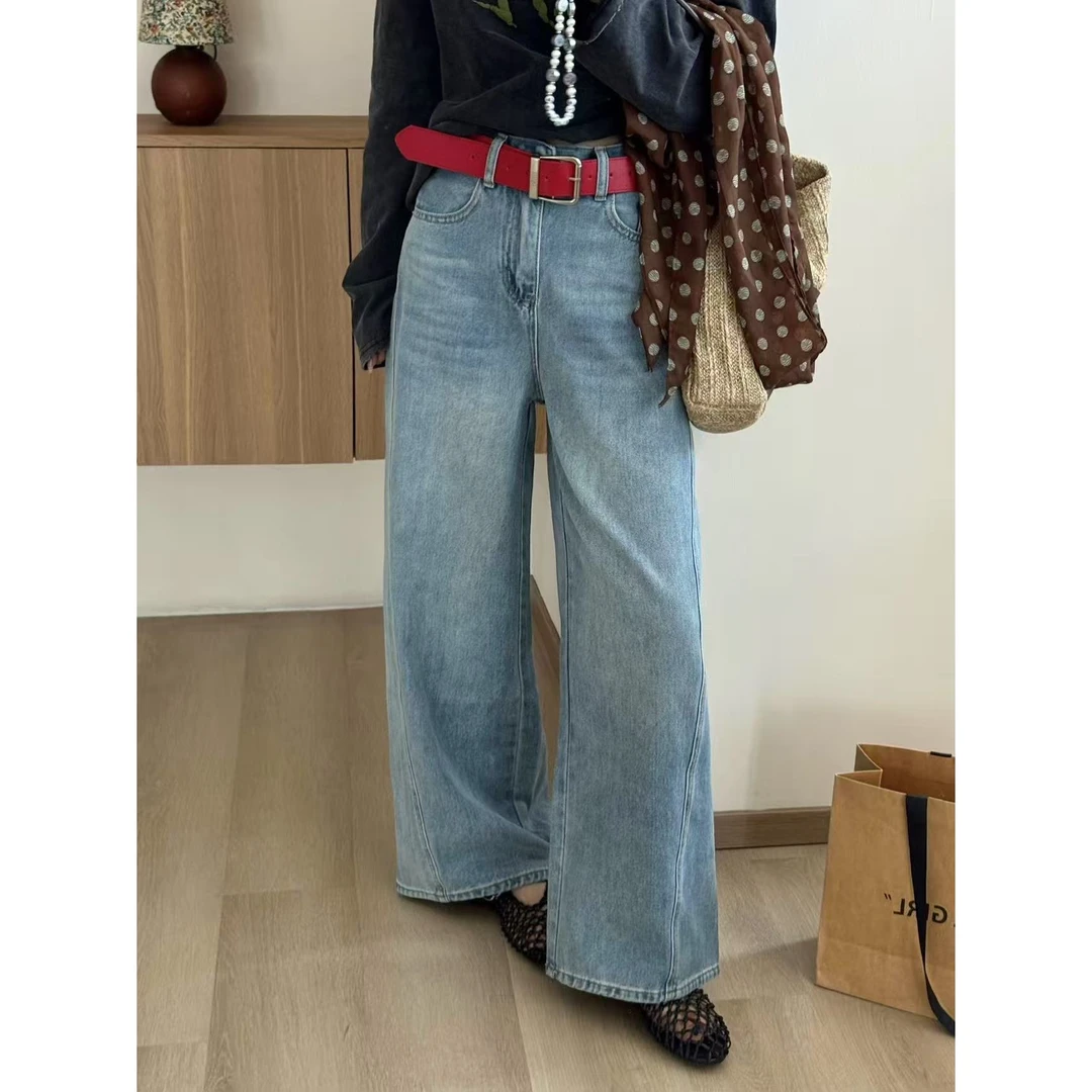 SP 颜色洗的超好看棉牛仔裤女复古分割线设计宽松直筒裤 配皮带