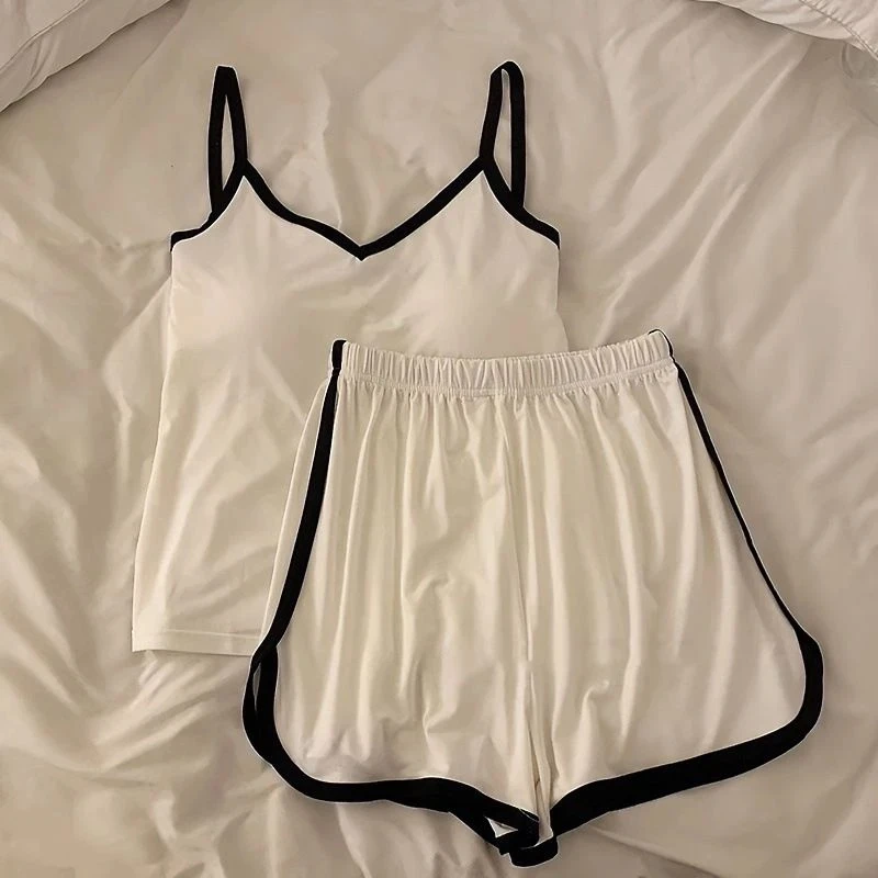 ins韩版凉感冰丝睡衣女夏季吊带背心带胸垫简约薄款套装家居服