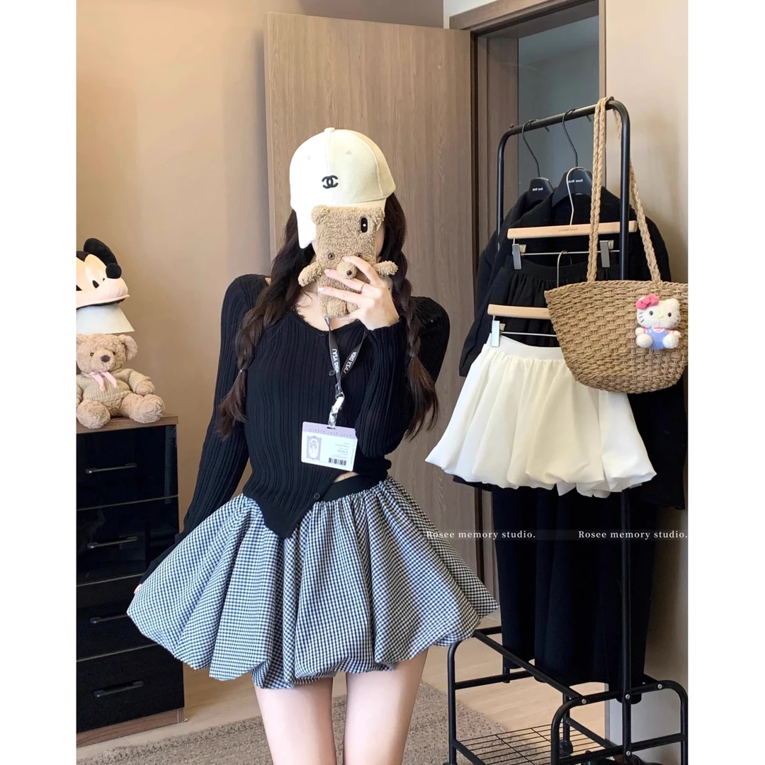 撞色格子花苞裙半身裙女装夏季高腰显瘦防走光短裙百搭A字蓬蓬裙