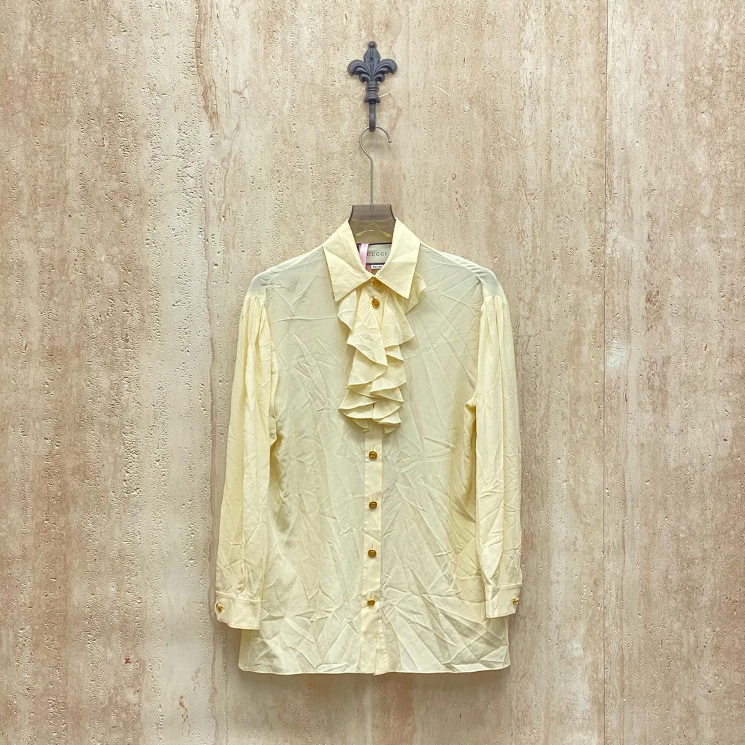 99新 GUCCI/古驰 Gucci 爆款双G金扣荷叶边真丝衬衫/38码/33132
