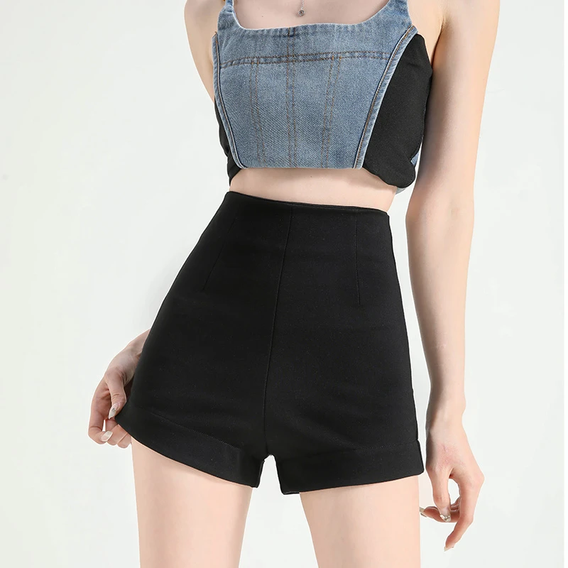 黑色短裤女外穿夏季高腰a字紧身女款小黑裤夏天弹力显瘦辣妹热裤