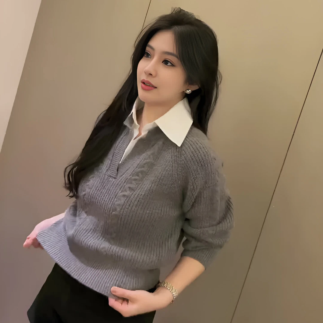 今年超火流行穿搭2025冬季新款韩版高级感假两件衬衫拼接针织衫女