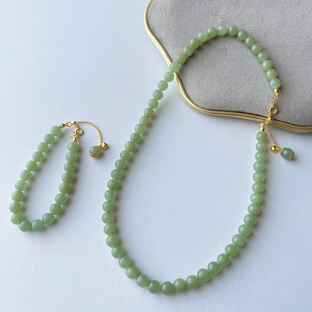 7-8mm和田玉鸭蛋青项链+手链套装妈妈气质时尚手工长链百搭