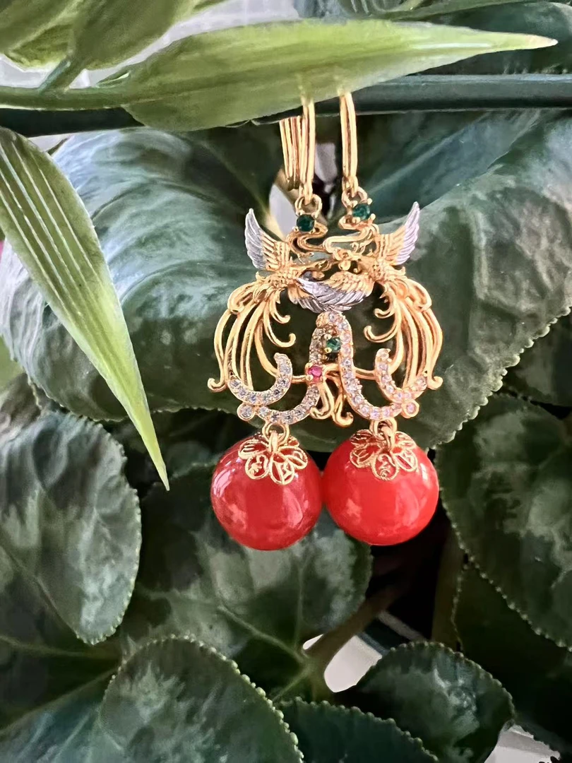 银镶南红圆珠时尚耳坠