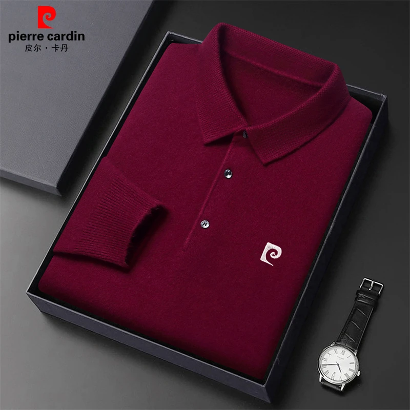 皮尔卡丹纯色羊毛衫男秋冬新款毛衣加厚保暖翻领POLO衫男士打底衫