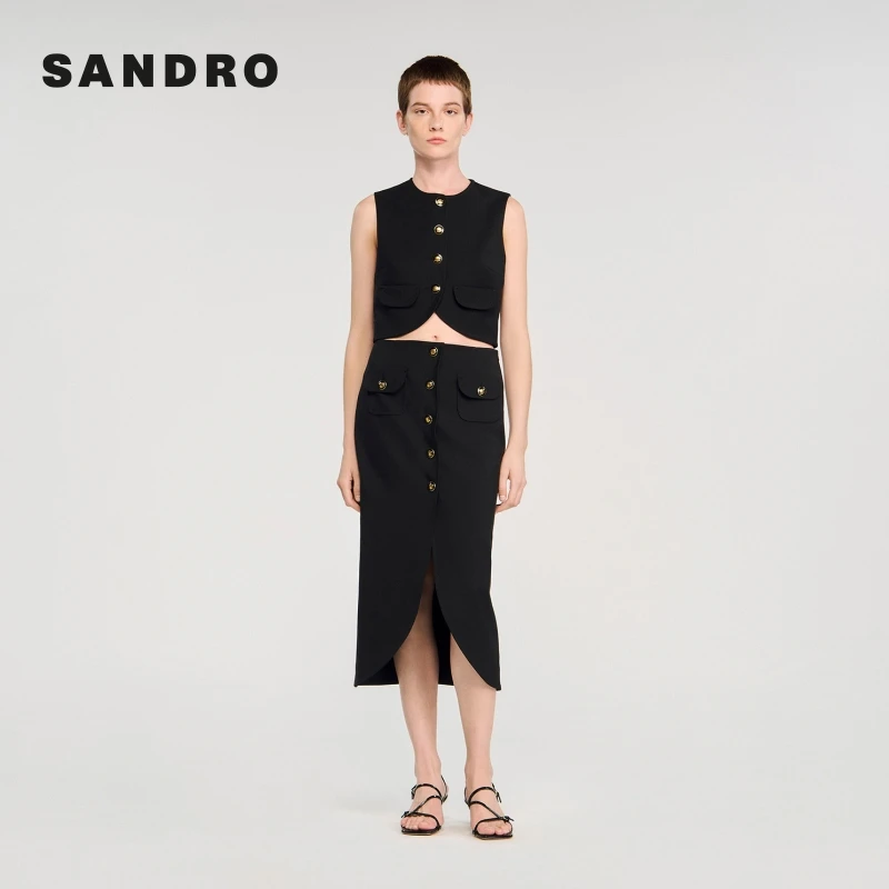 SANDRO2025早秋新款女装气质法式设计感裙边扣饰半身裙SFPJU01475