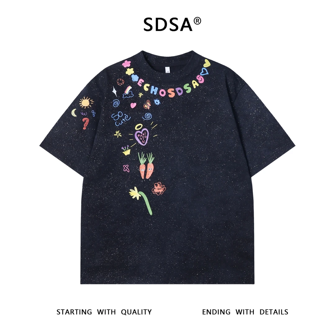 夏季高级感新款男士满天星趣花丛卡通字母印花短袖T恤百搭上衣
