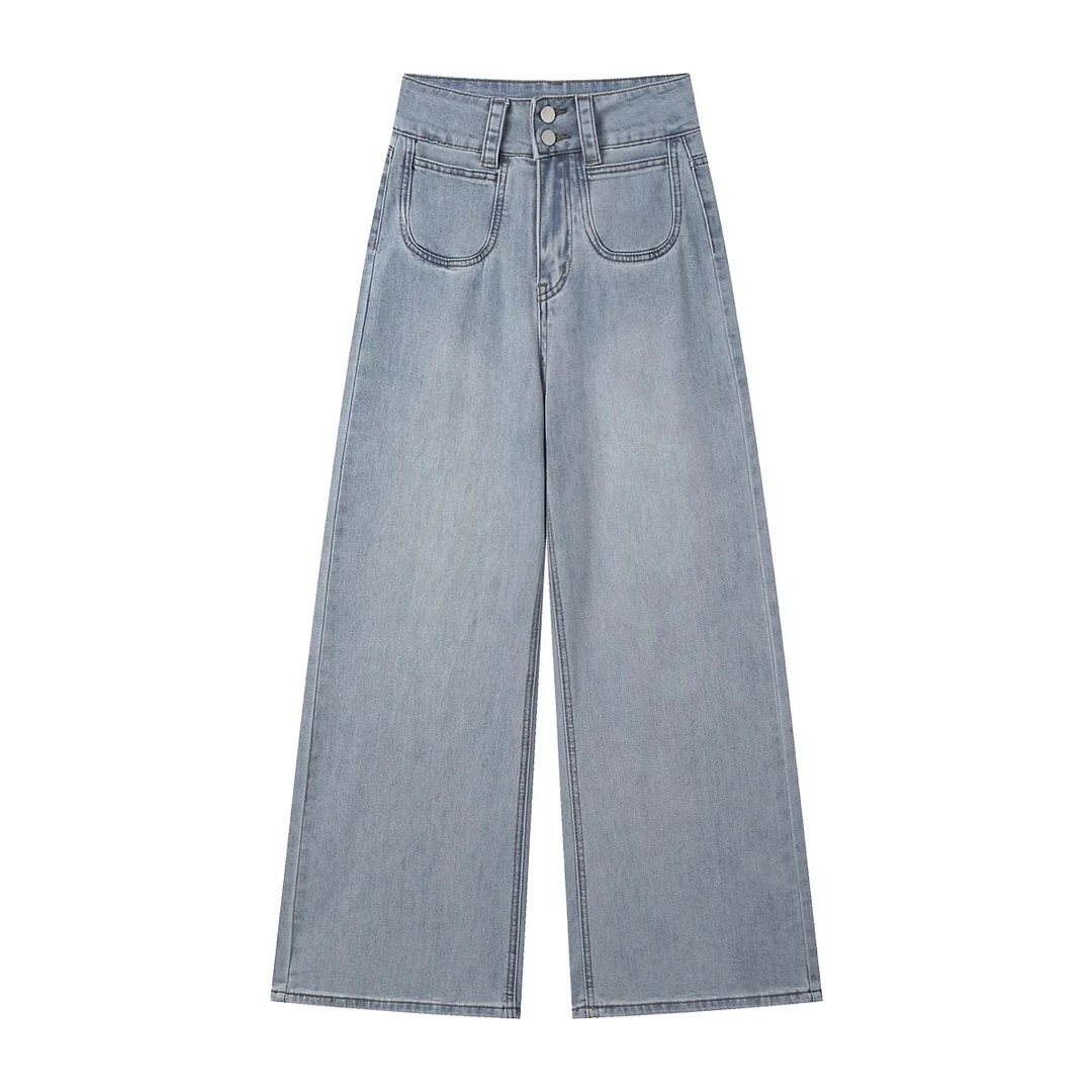 羊城故事-复古百搭双腰头直筒裤女春夏新款高腰显瘦牛仔裤6609