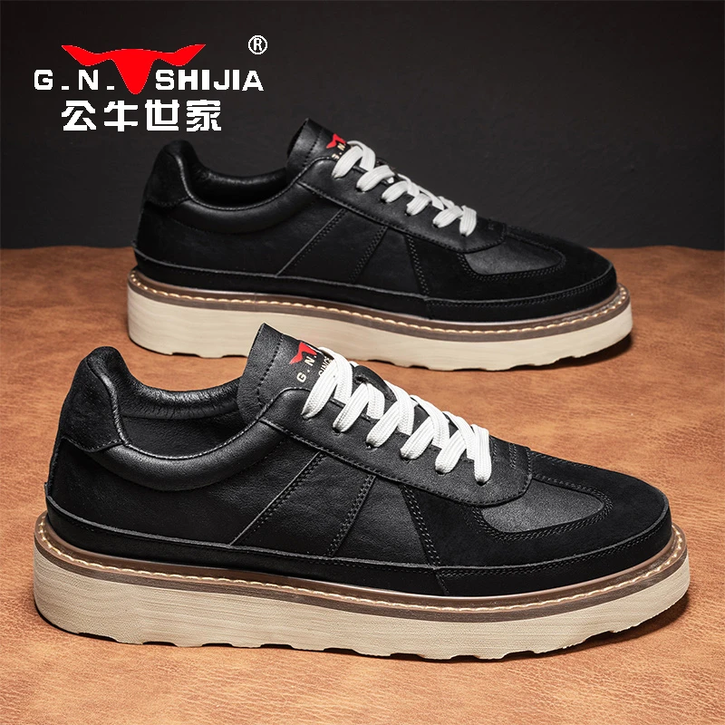 公牛世家德训鞋男春季百搭轻便黑色运动板鞋低帮厚底休闲马丁皮鞋