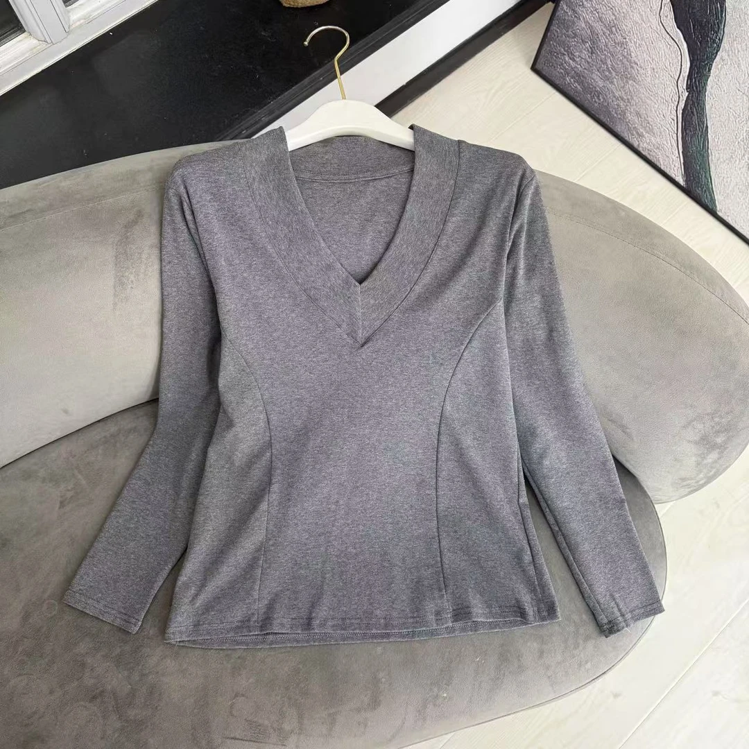 【晓琳】2025春季新款时尚百搭纯色V领简约长袖上衣