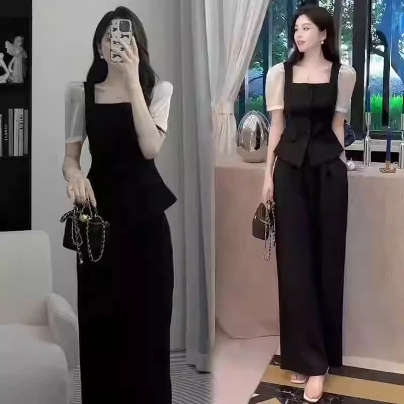 拉夏贝尔时尚套装女2025夏季新款减龄小香风短袖阔腿裤气质两件套