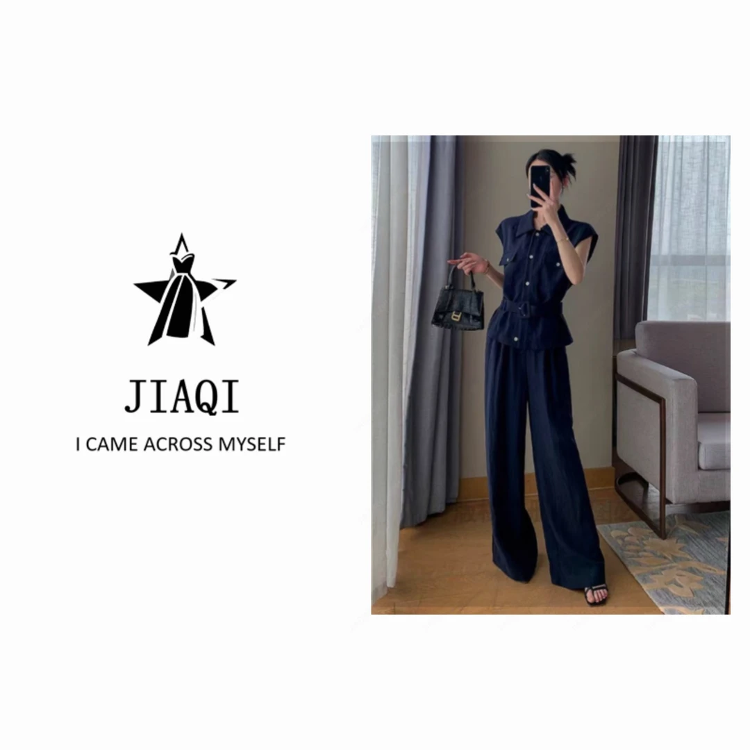 【佳琪高奢】夏季亚麻新款显瘦女无袖马甲阔腿裤三件套装2529送腰带