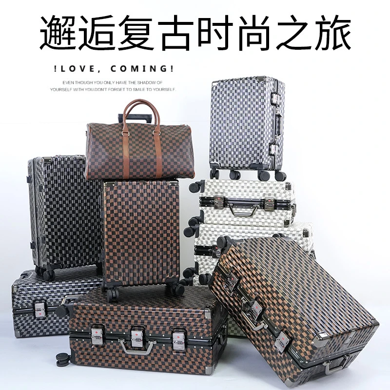 高端棋盘旅行箱新款铝框时尚棋盘格行李箱大容量防摔万向轮拉杆箱
