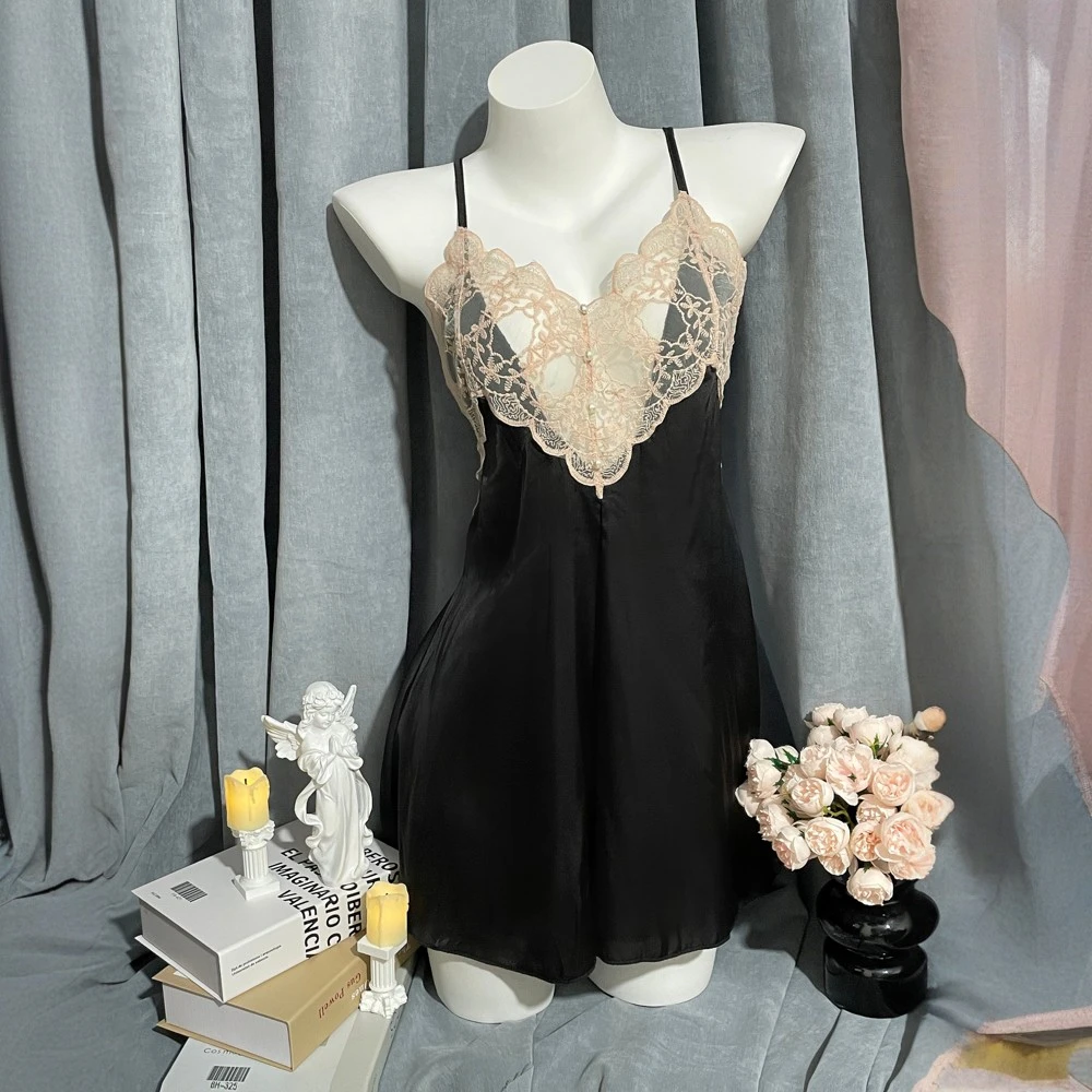 幻姿（80-150斤）睡衣睡裙蕾丝显瘦气质轻奢性感夏季黑色法式蕾丝