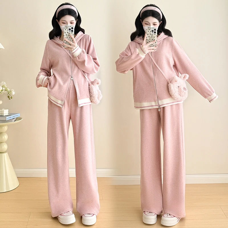 孕妇装2025秋季新款韩版休闲连帽卫衣+直筒阔腿裤两件套