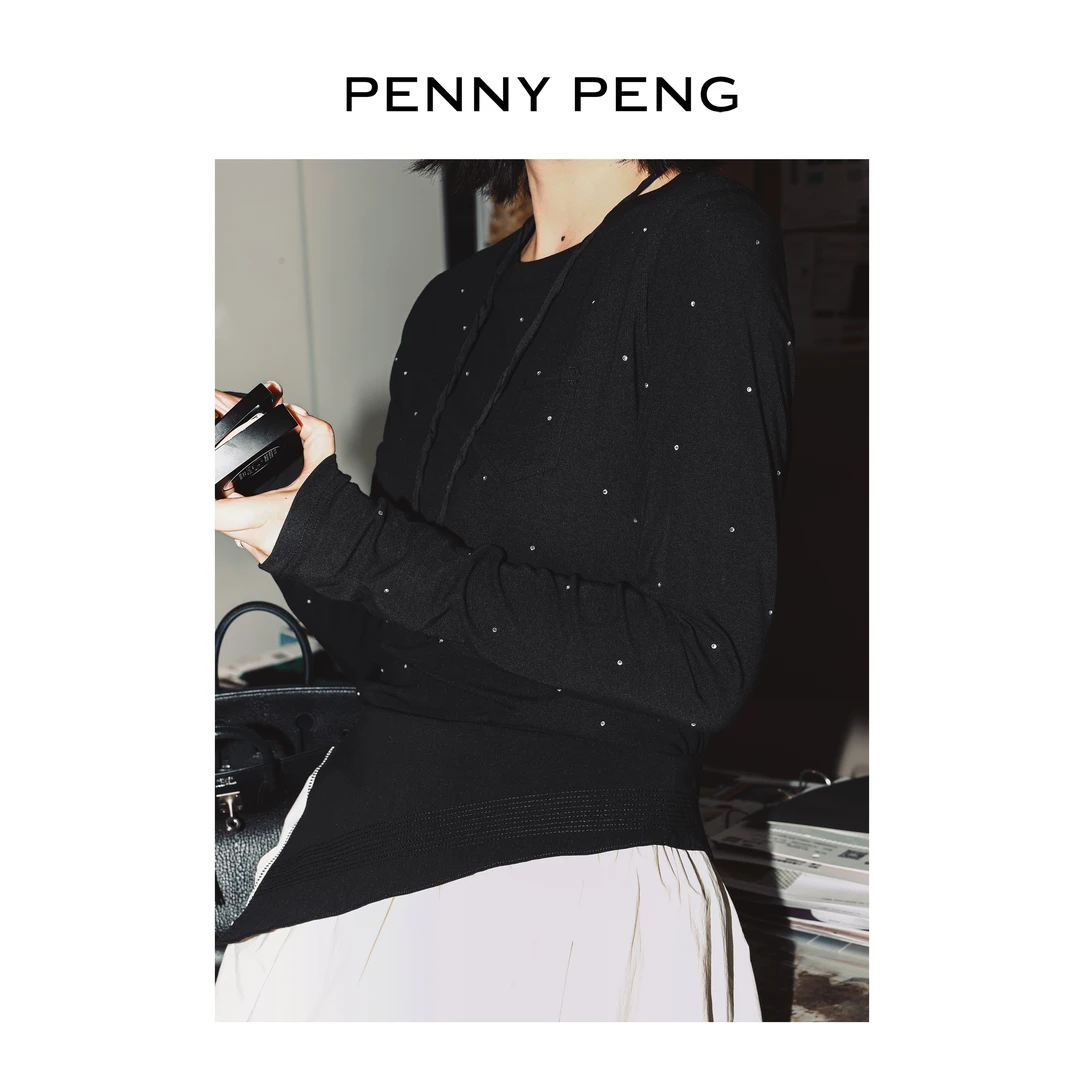 PENNYPENG流星雨宽松100棉洋气休闲百搭黑色圆领烫钻长袖上衣