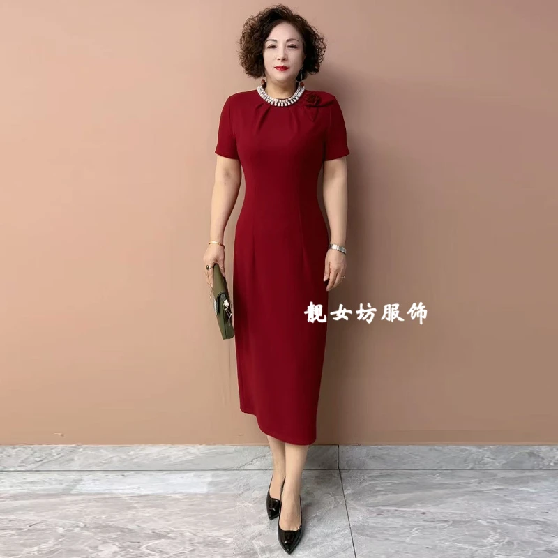聚会婚宴礼服裙夏季新款轻奢风阔太太连衣裙红色裙子轻奢风中长裙