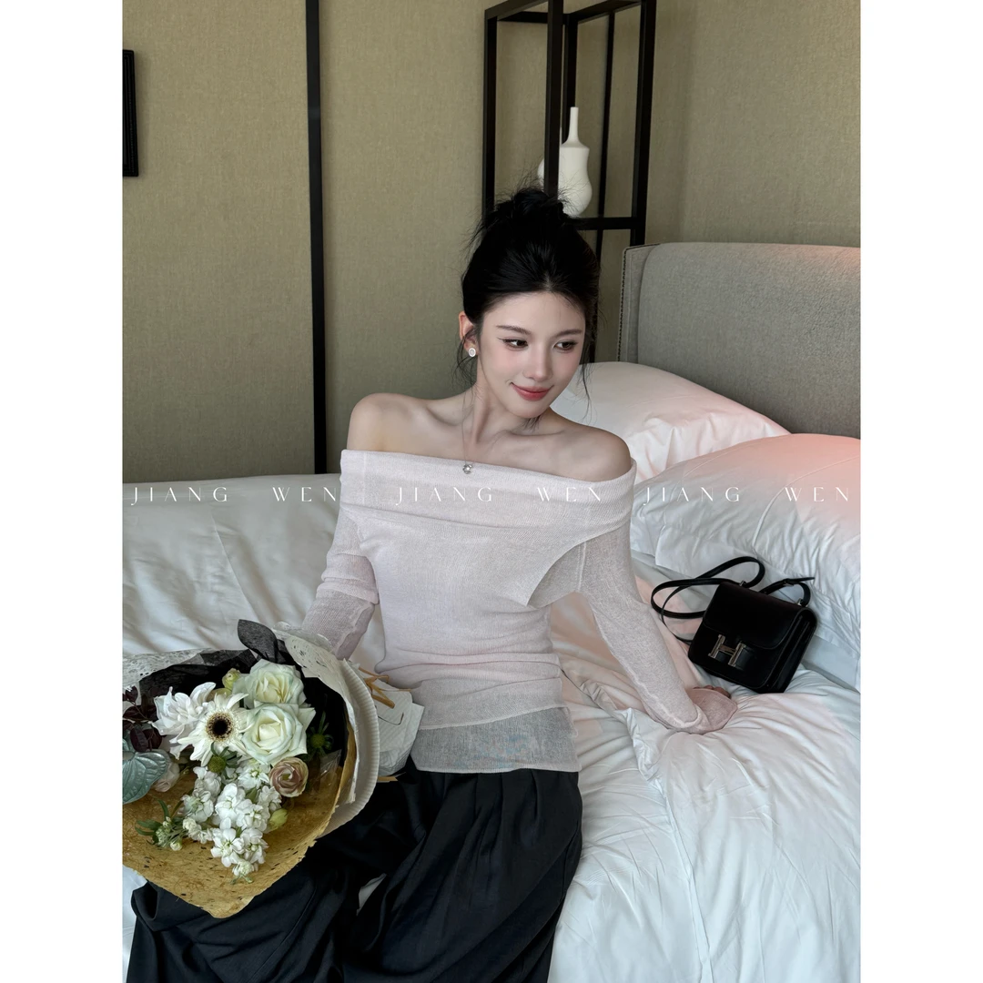 【桃心粉】法式“天丝+亚麻”斜肩小众不规则褶皱荡领一字肩上衣