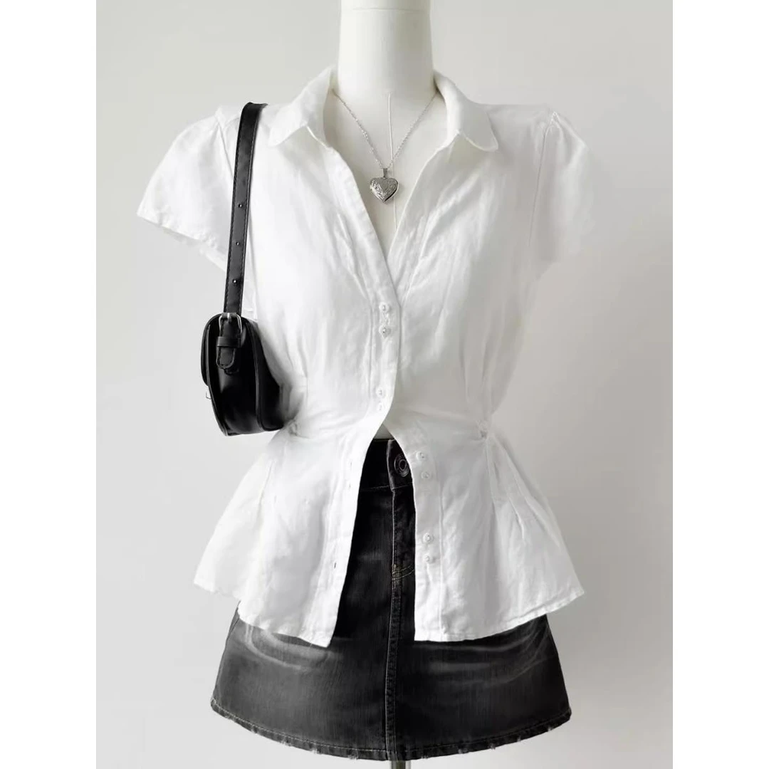 【柔柔】春季新款法式白色收腰设计短袖领衬衫女