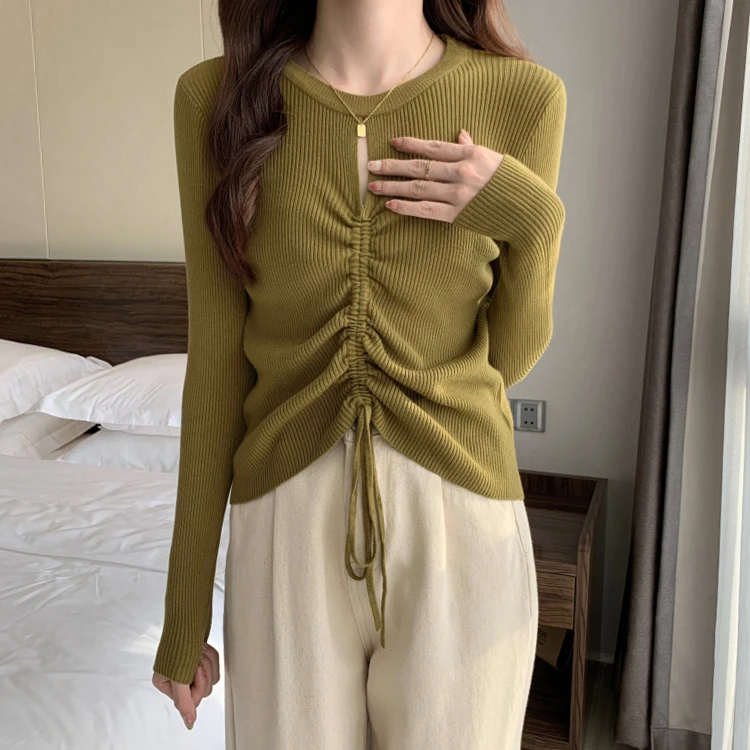 大码女装毛衣针织衫韩版2025秋冬新款抽绳超修身T恤衫7184