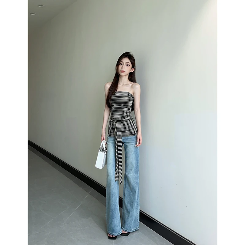 【JUANN专属】清新蓝调低腰微喇牛仔裤女2025夏季简单干净显瘦长裤