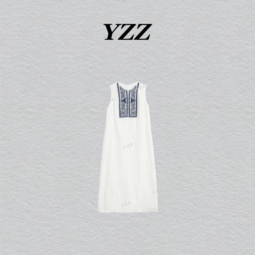 YZZ  白色度假亚麻刺绣夏日度假连衣裙裙子 LSQ240847Y