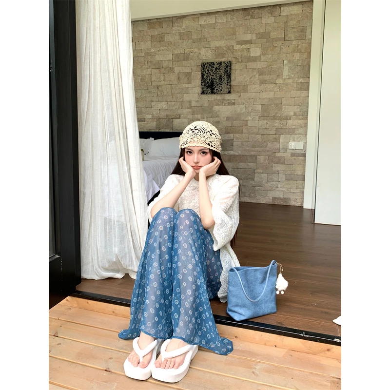 新款设计感蕾丝提花宽松短袖上衣舒适松紧腰微透长裤休闲套装女夏