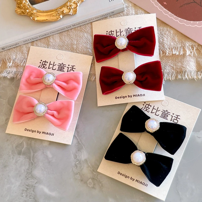 秋冬新款小香风酒红色植绒高级感结对夹 女童发饰头饰发夹