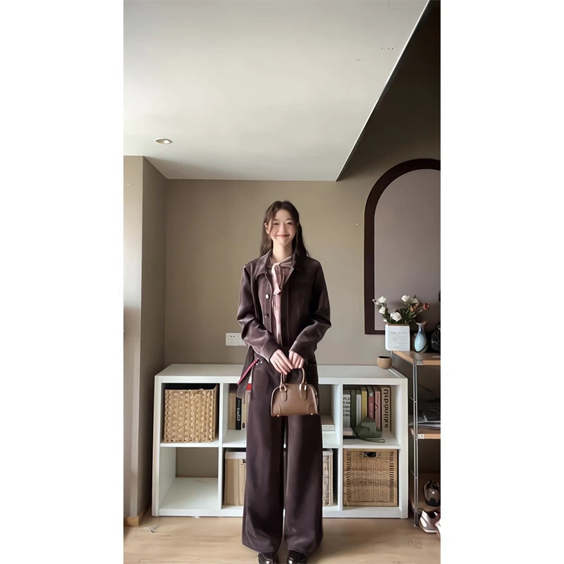美拉德一整套穿搭巨好看复古咖色外套格子百搭衬衫显瘦宽松裤子
